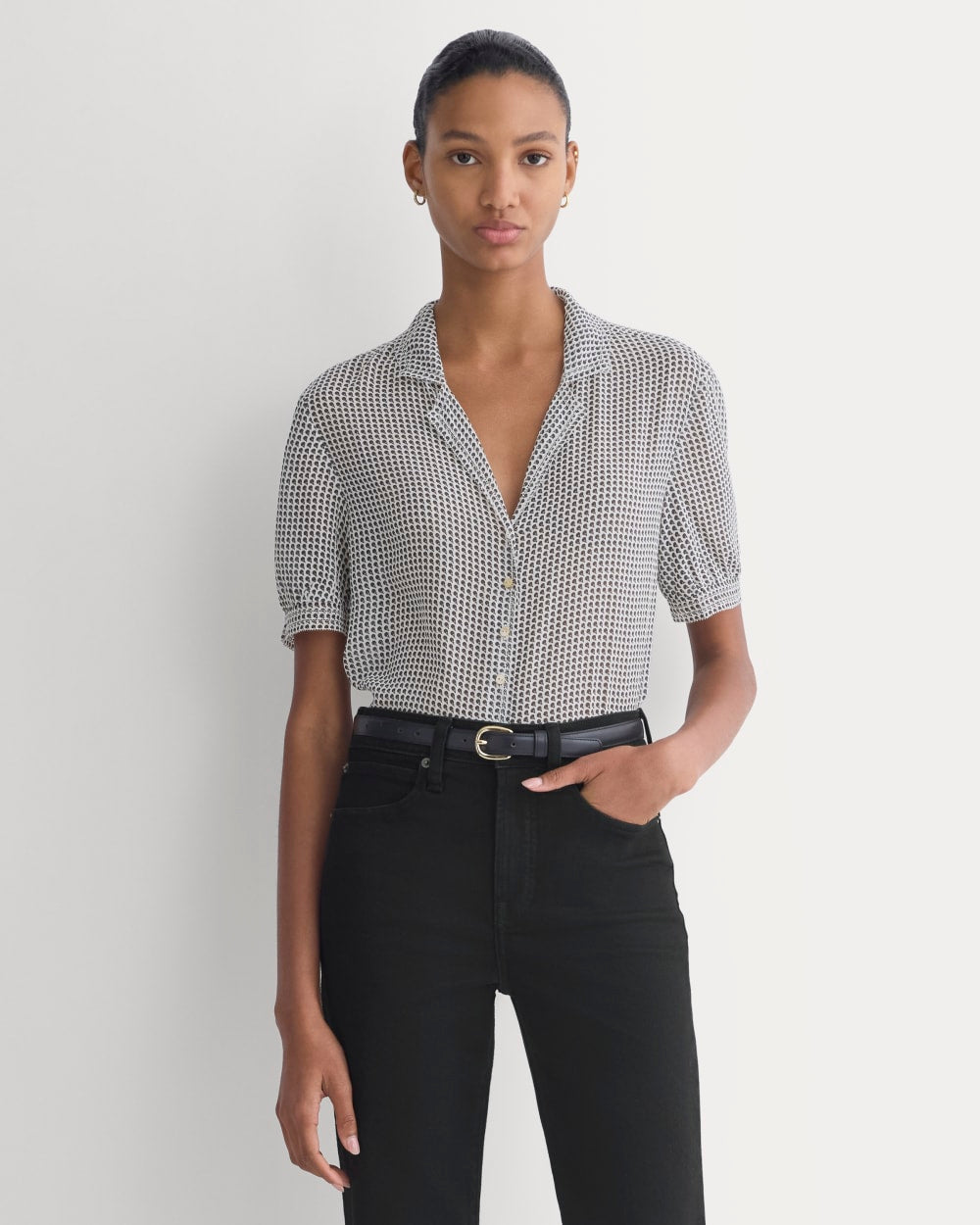 Notch Collar Shirt in Silk Georgette | Gardenia/Black Micro Dot