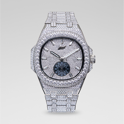 39MM Visionary Fully Iced Case & Steel Band Watch - White Gold