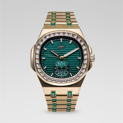 39MM Visionary Iced Emerald Stone Band Watch - Yellow Gold