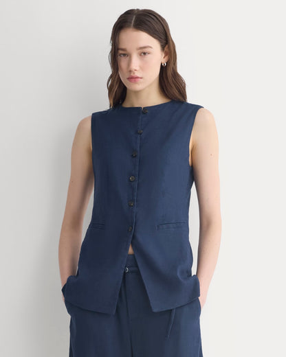 Long Vest in Stretch Linen | Navy