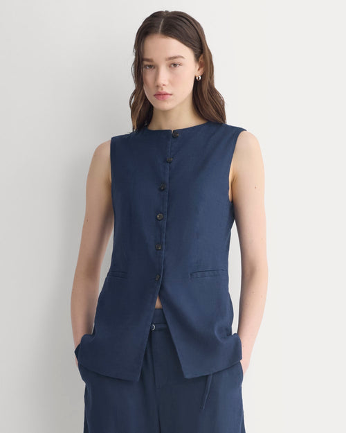 Long Vest in Stretch Linen | Navy