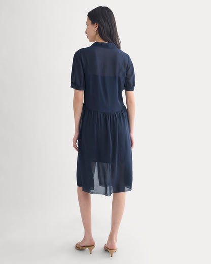 Notch Collar Shirtdress in Silk Georgette | Navy