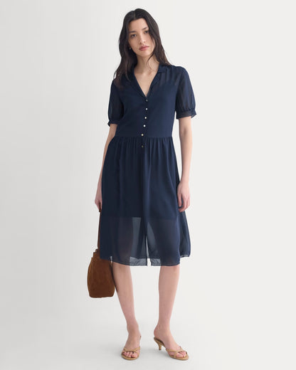 Notch Collar Shirtdress in Silk Georgette | Navy