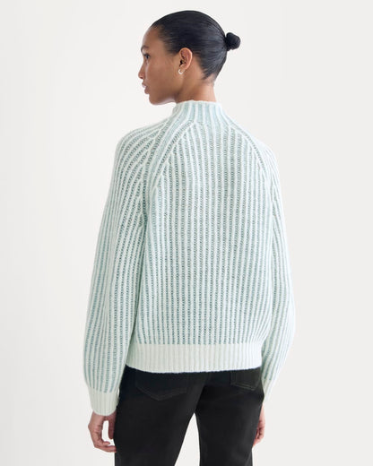 Funnel-Neck Ribbed Henley Sweater | Chalk Blue / Grey Mist Vertical Stripe