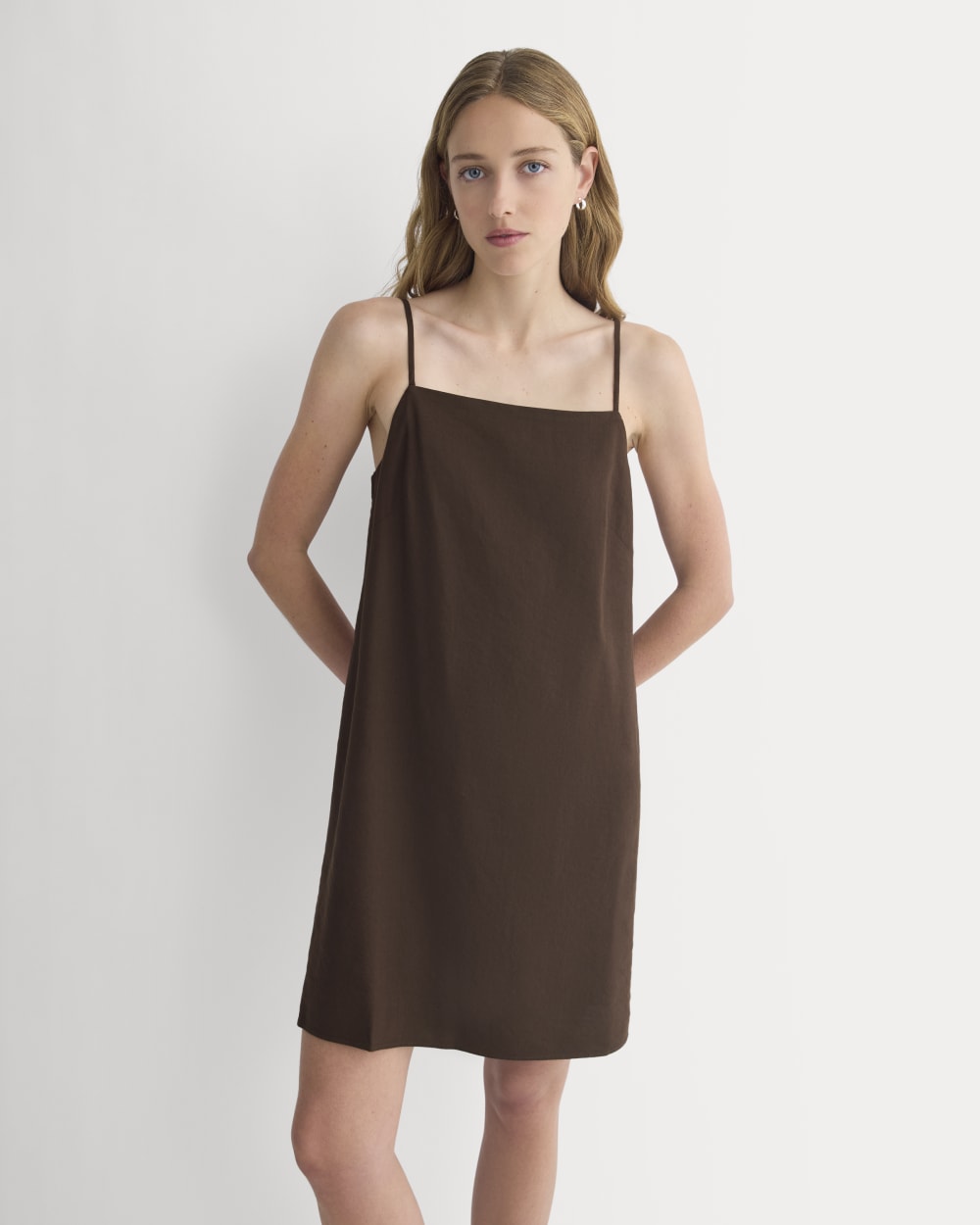 Mini Shift Dress in Stretch Linen | Dark Brown