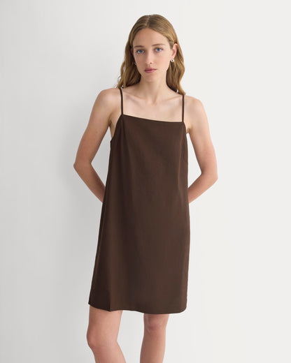 Mini Shift Dress in Stretch Linen | Dark Brown
