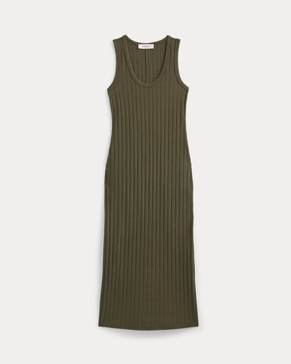 Scoop-Neck Midi Dress in Pointelle Knit | Olive Night