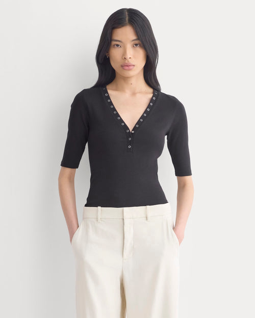 Luxe Rib V-Neck Henley | Black
