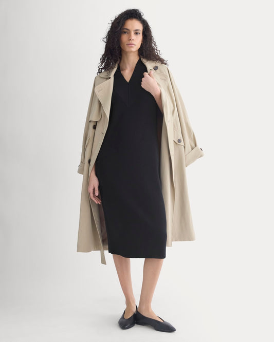 Relaxed V-Neck Midi Sweater Dress in Cotton Merino | Black