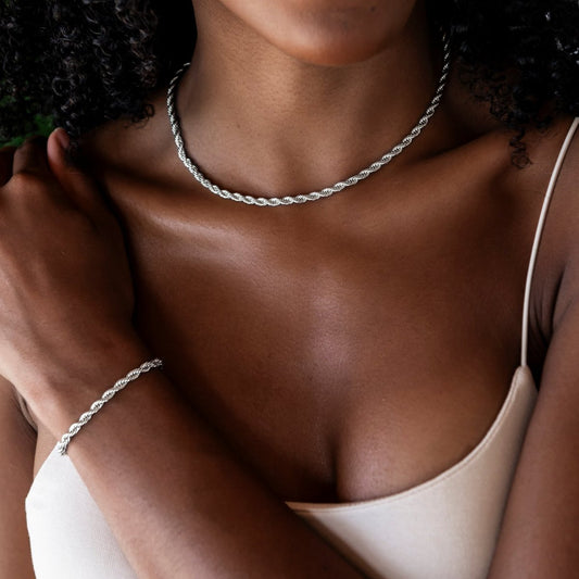 Adjustable Rope Necklace + Bracelet Set in White Gold - 4mm