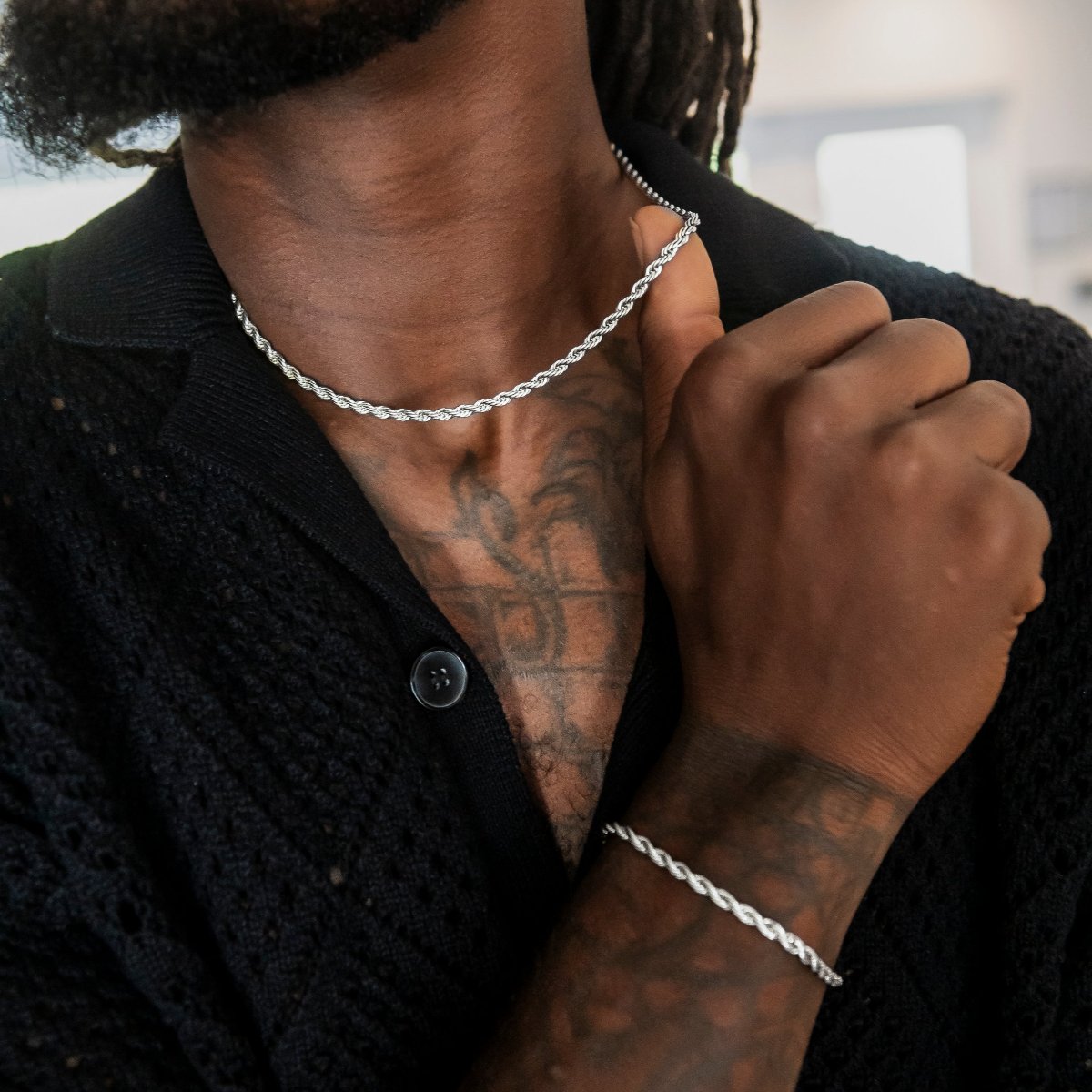 Adjustable Rope Chain + Bracelet Bundle in White Gold - 4mm