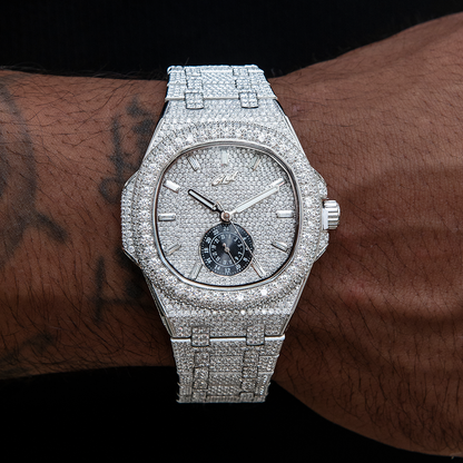 39MM Visionary Fully Iced Case & Steel Band Watch - White Gold