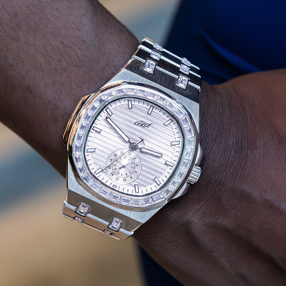 39MM Visionary Iced Pink Stone Band Watch - White Gold