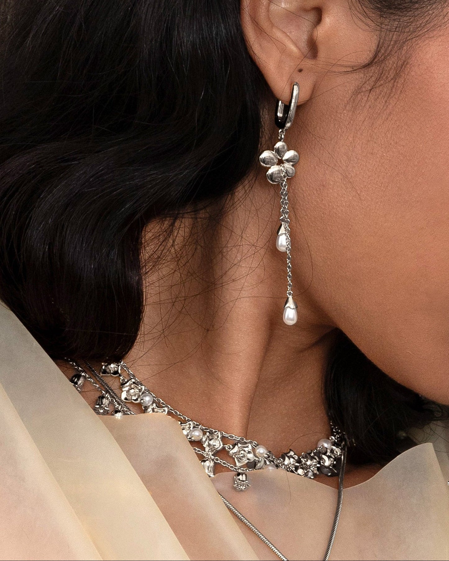 Camille Flower Drop Earrings in Silver