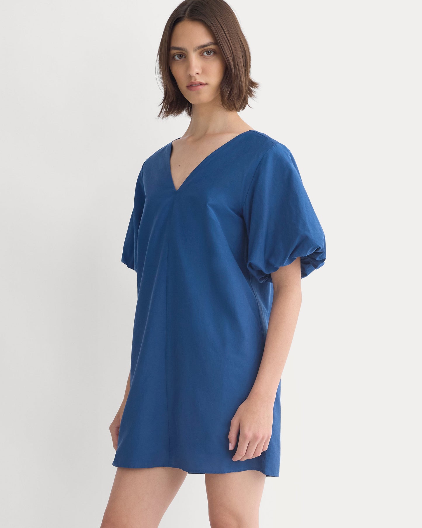 Bubble-Sleeve Mini Dress in Cotton Silk Voile | Estate Blue