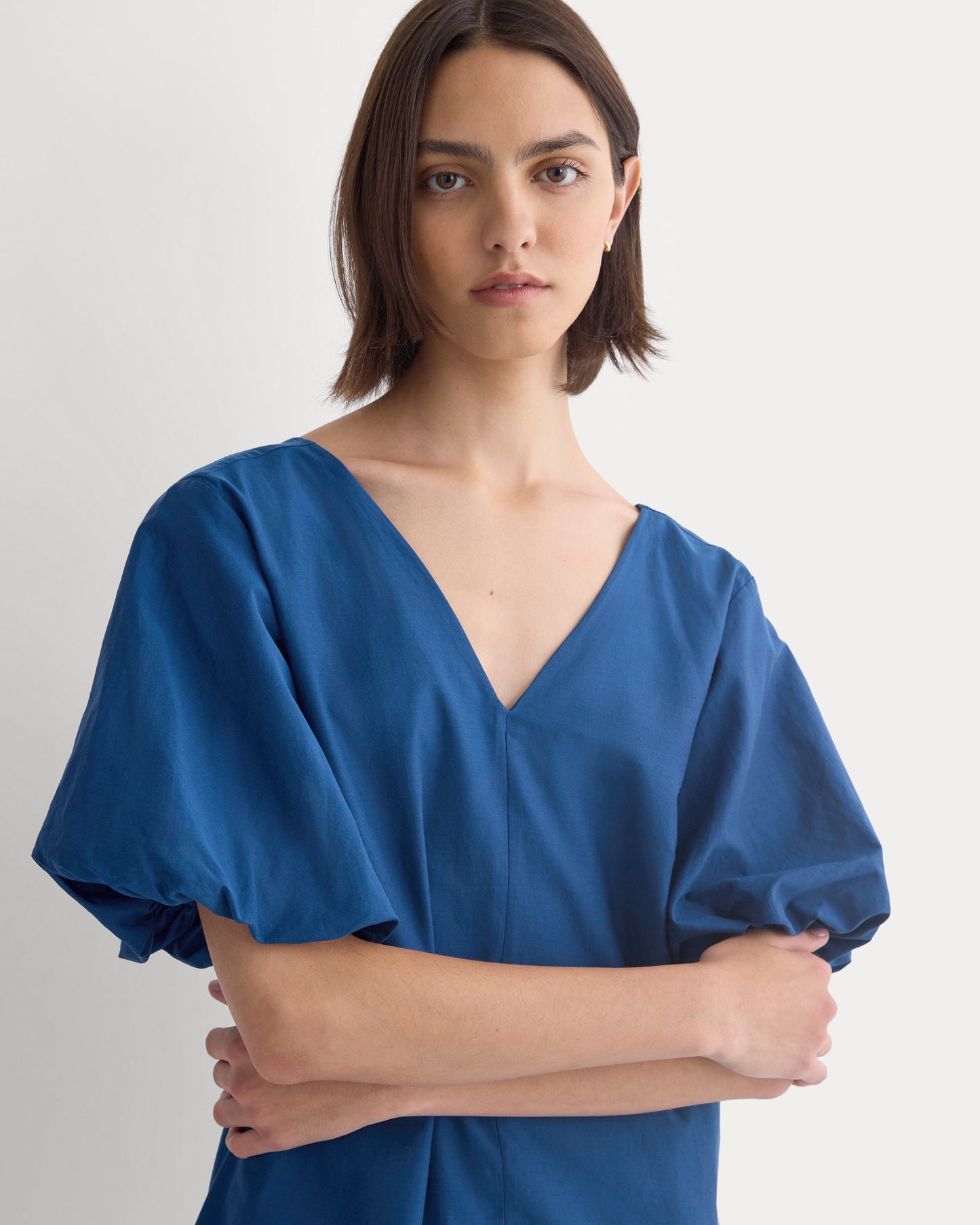 Bubble-Sleeve Mini Dress in Cotton Silk Voile | Estate Blue