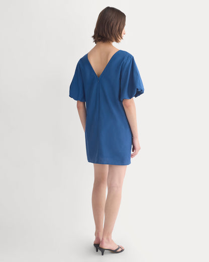 Bubble-Sleeve Mini Dress in Cotton Silk Voile | Estate Blue