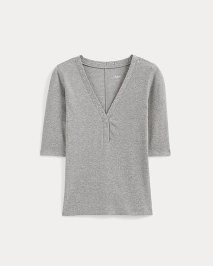 Luxe Rib V-Neck Henley | Heathered Light Grey