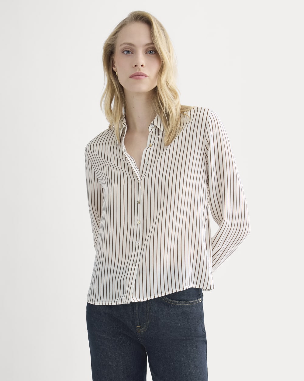 Shrunken Top in Washable Silk | Bone / Toffee Stripe