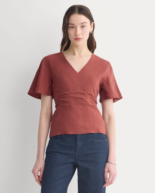 Cinched Top in Stretch Linen | Henna Red