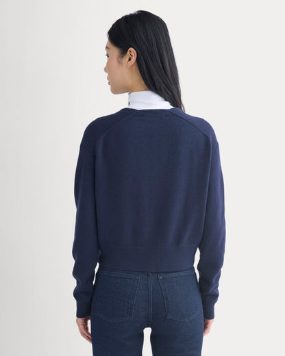 Deep V-Neck Cardigan in Cotton Merino | Navy