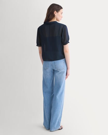 Notch Collar Shirt in Silk Georgette | Navy