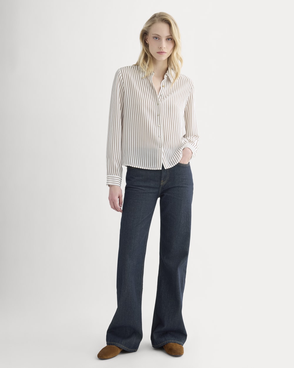 Shrunken Top in Washable Silk | Bone / Toffee Stripe