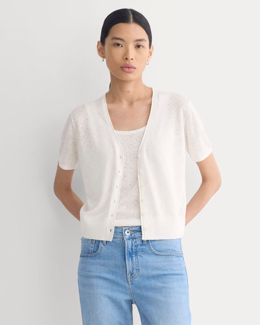 Lace Trim Cardigan in Fine Linen | Bone