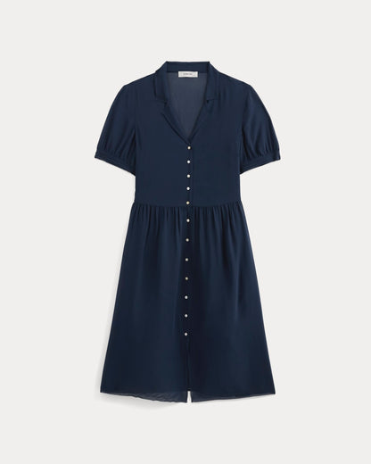 Notch Collar Shirtdress in Silk Georgette | Navy