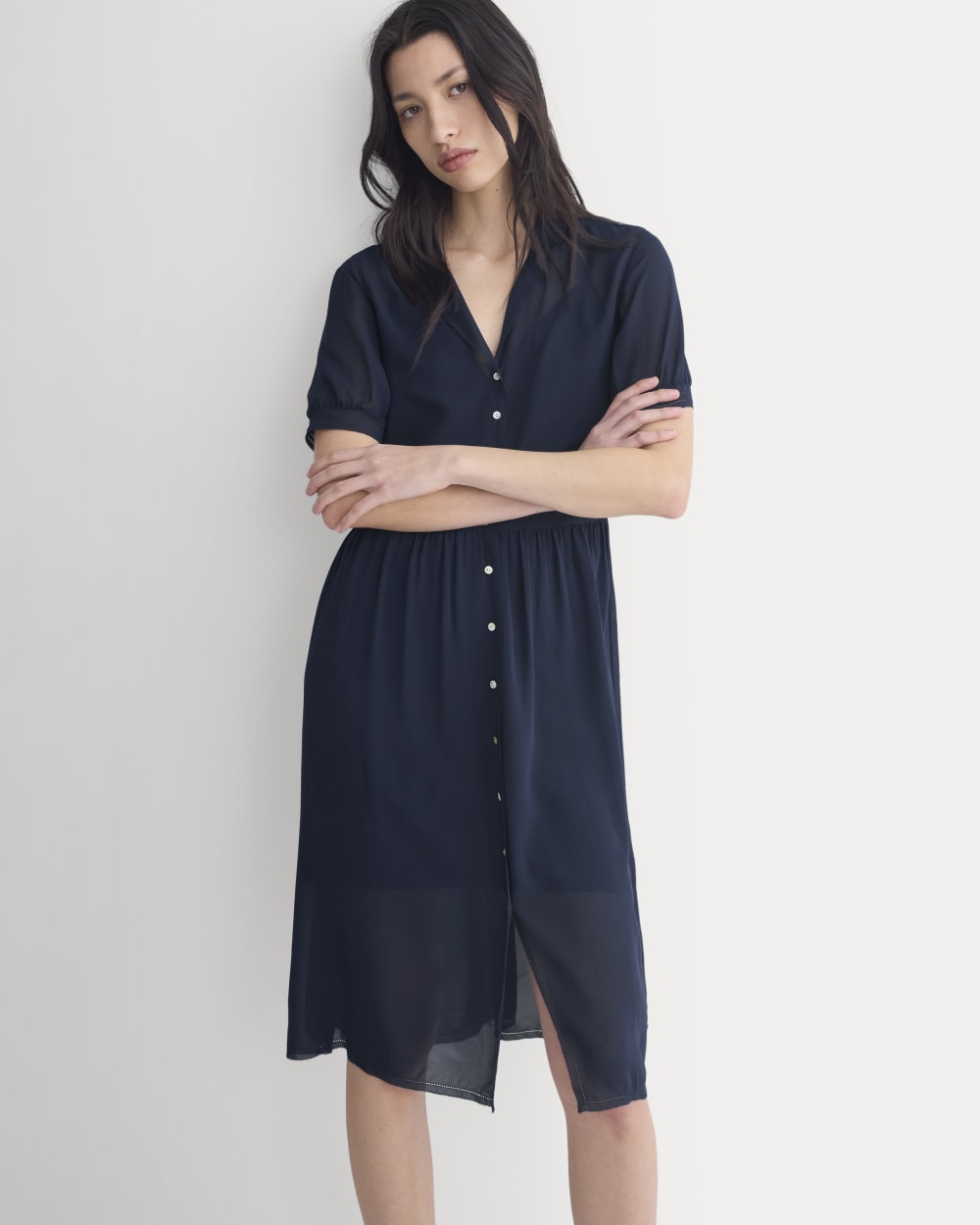 Notch Collar Shirtdress in Silk Georgette | Navy