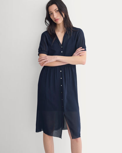Notch Collar Shirtdress in Silk Georgette | Navy