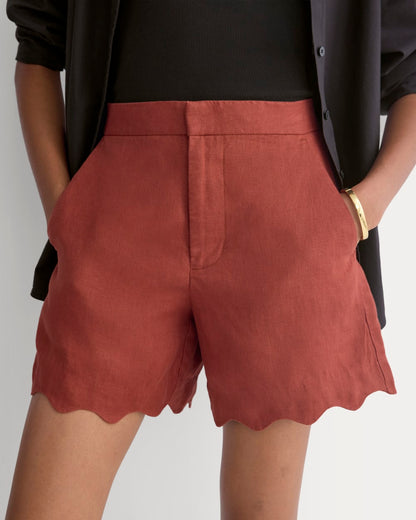 Scalloped Edge Short in Linen | Henna Red