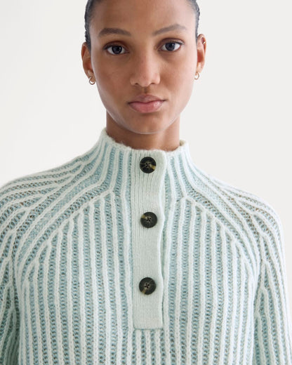 Funnel-Neck Ribbed Henley Sweater | Chalk Blue / Grey Mist Vertical Stripe