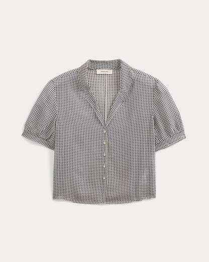 Notch Collar Shirt in Silk Georgette | Gardenia/Black Micro Dot