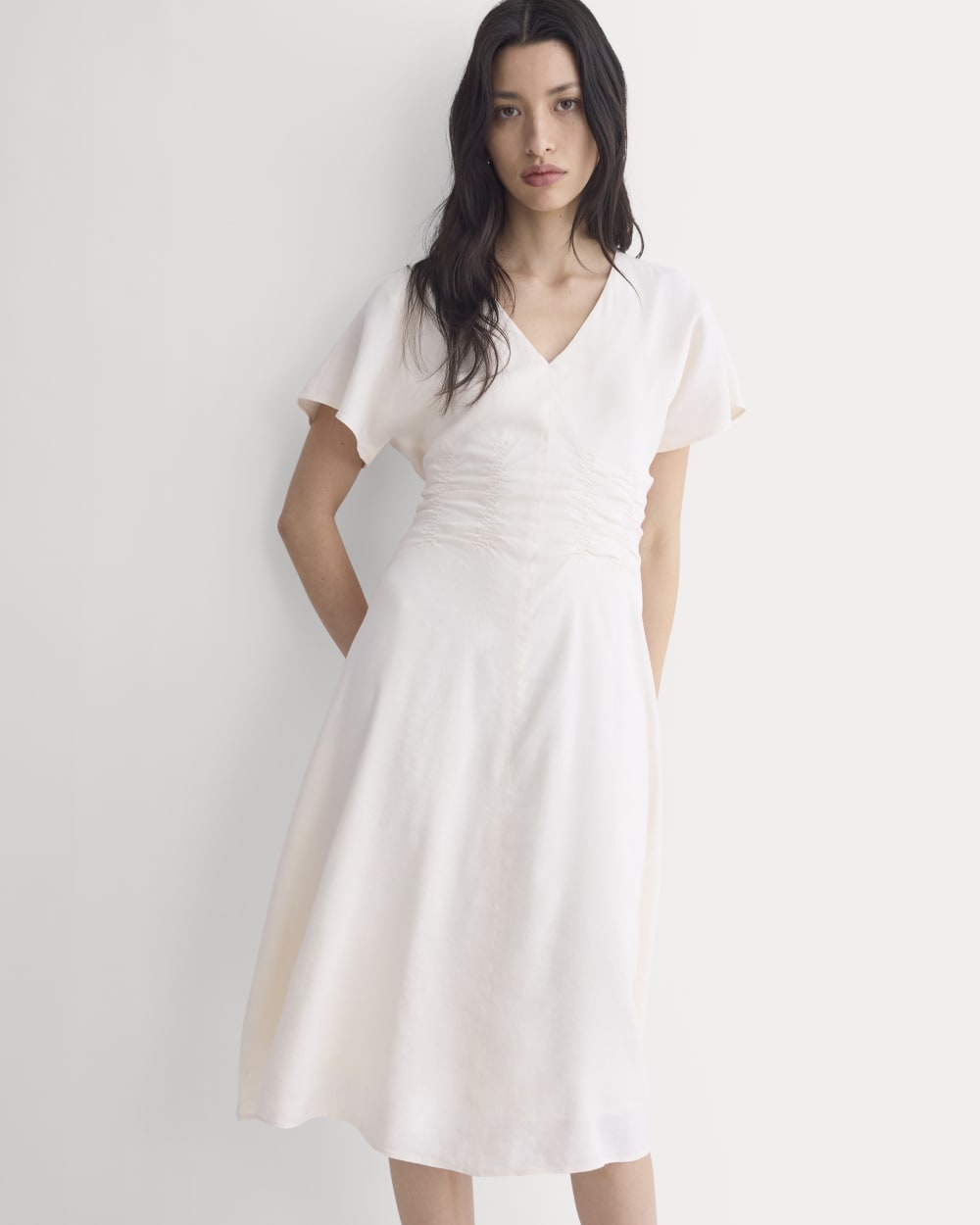 Cinched Dress in Stretch Linen | Bone