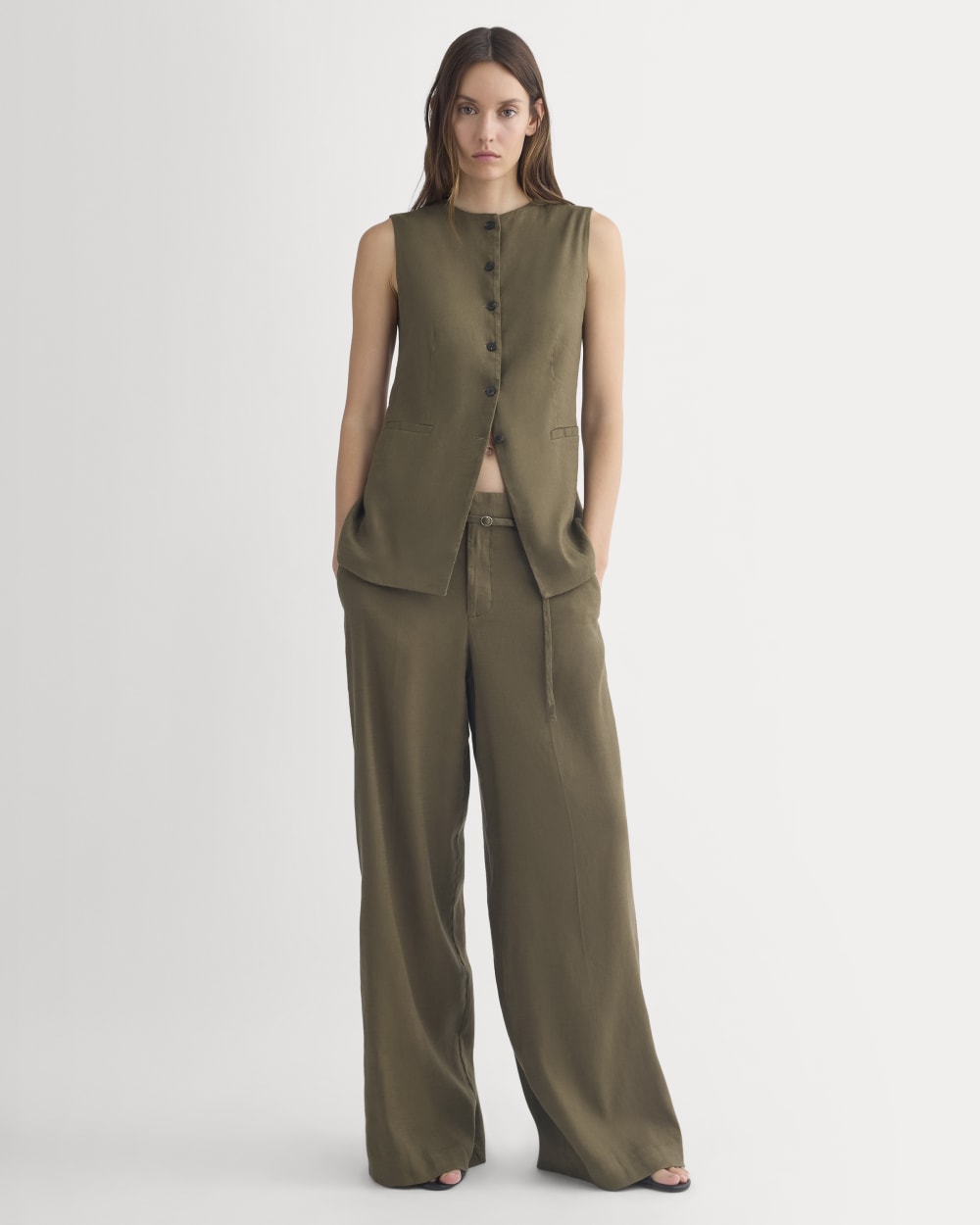 Long Vest in Stretch Linen | Beech