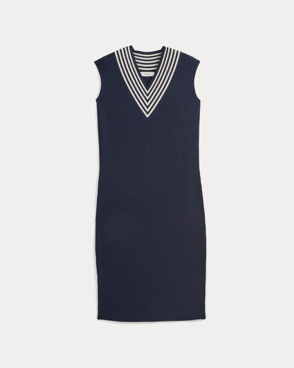 Relaxed V-Neck Midi Sweater Dress in Cotton Merino | Navy