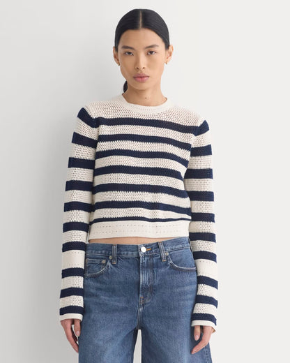 Open Knit Long-Sleeve Crew in Everyday Cotton | Canvas / Navy