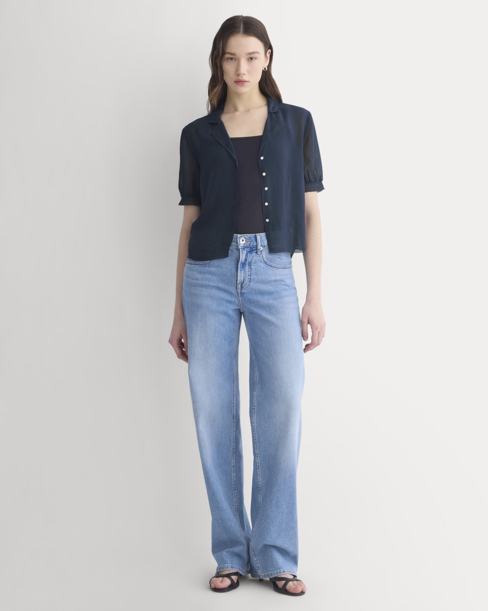 Notch Collar Shirt in Silk Georgette | Navy