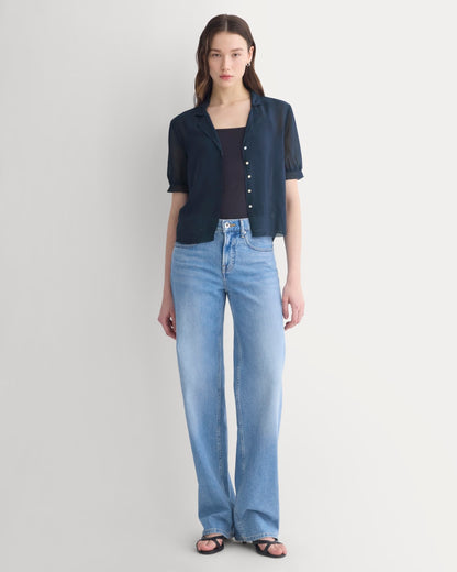 Notch Collar Shirt in Silk Georgette | Navy