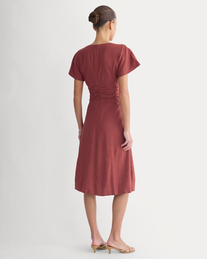 Cinched Dress in Stretch Linen | Henna Red