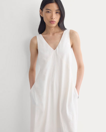 Deep V Seamed Dress in Stretch Linen | Bone