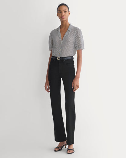 Notch Collar Shirt in Silk Georgette | Gardenia/Black Micro Dot