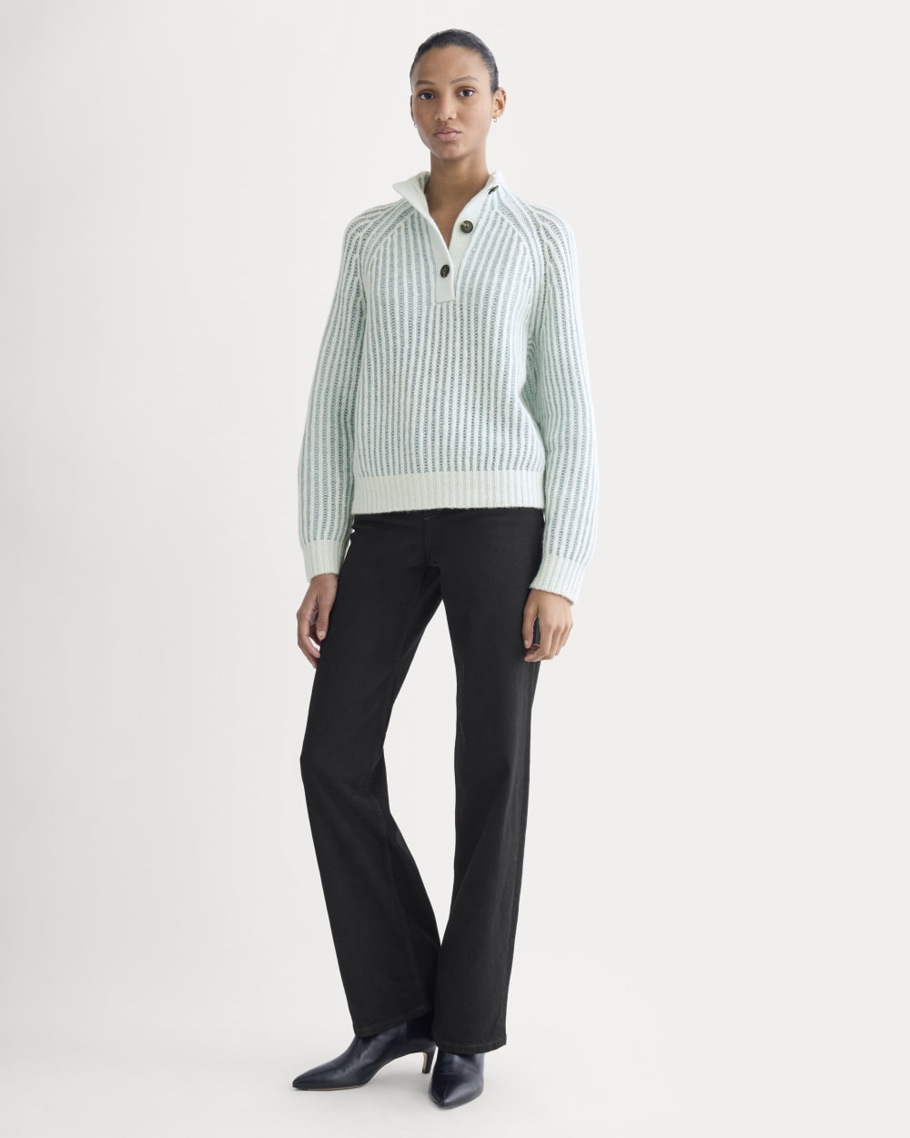 Funnel-Neck Ribbed Henley Sweater | Chalk Blue / Grey Mist Vertical Stripe