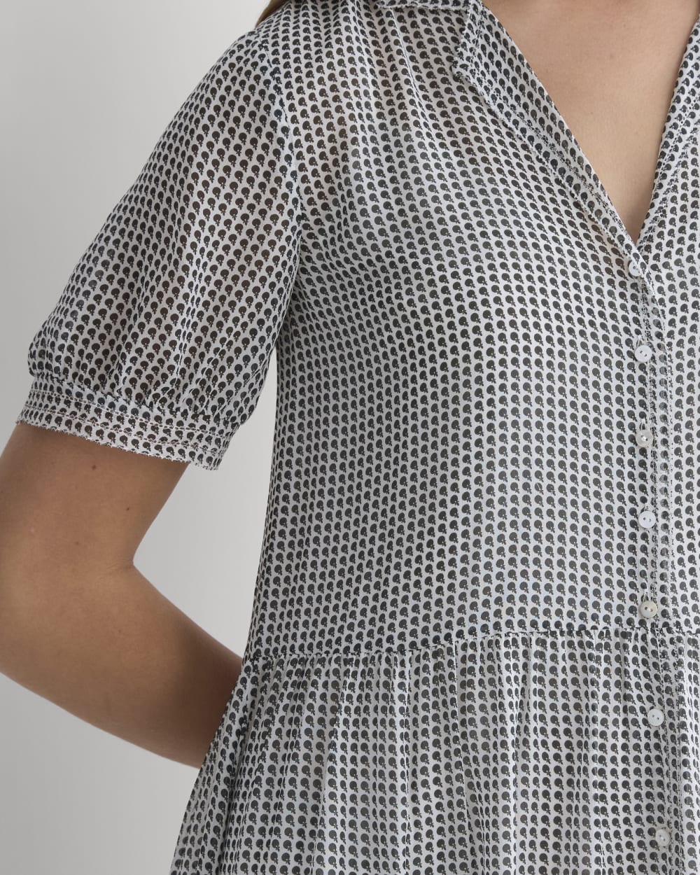 Notch Collar Shirtdress in Silk Georgette | Gardenia/Black Micro Dot