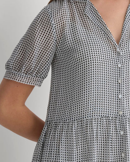 Notch Collar Shirtdress in Silk Georgette | Gardenia/Black Micro Dot