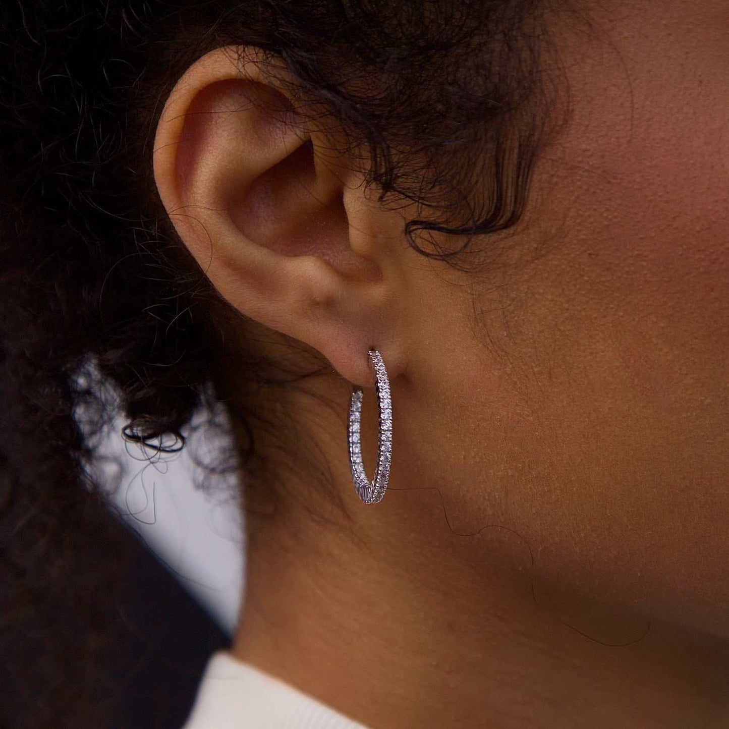 14k Solid White Gold Small Eternity Hoop Earrings in White Gold-VS Diamonds