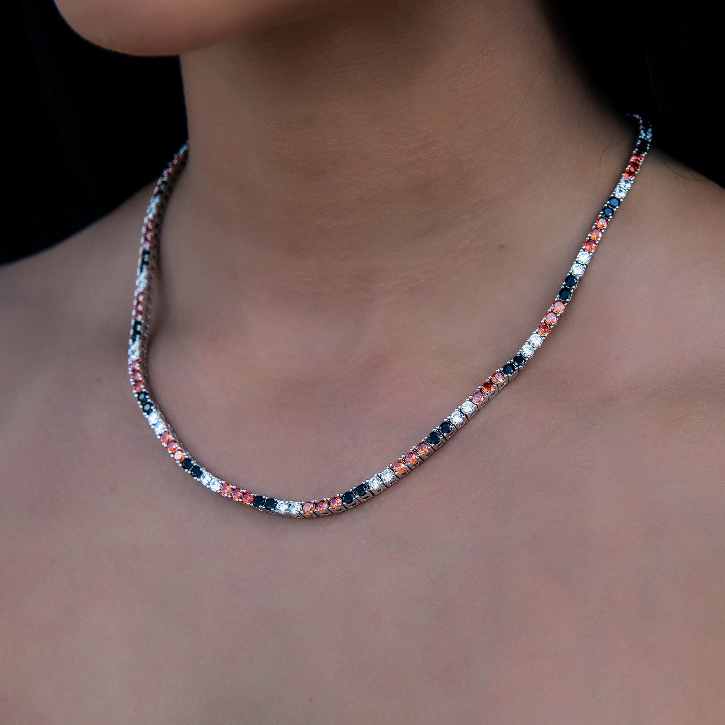 3MM Diamond Tennis Necklace - Black Orange White