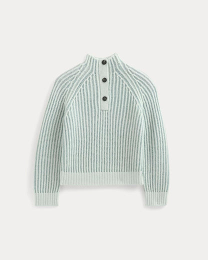 Funnel-Neck Ribbed Henley Sweater | Chalk Blue / Grey Mist Vertical Stripe