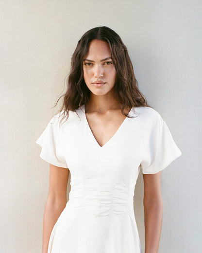 Cinched Dress in Stretch Linen | Bone